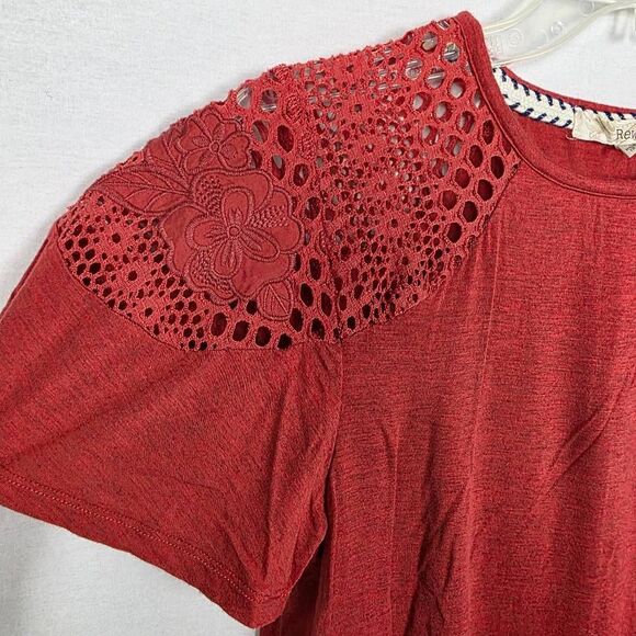 Rewind S Red Lace Shoulder Short Sleeve Boho Top - Picture 2 of 6
